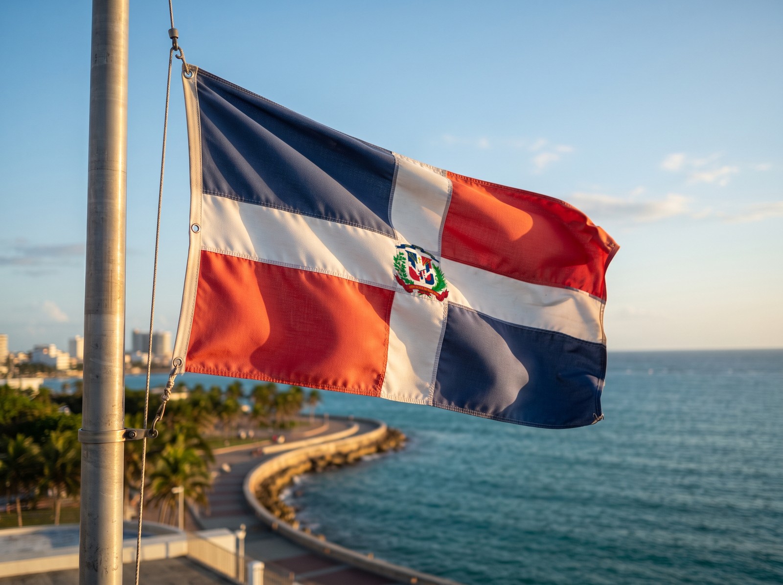 Bandera dominicana ondeando sobre el Malecón de Santo Domingo