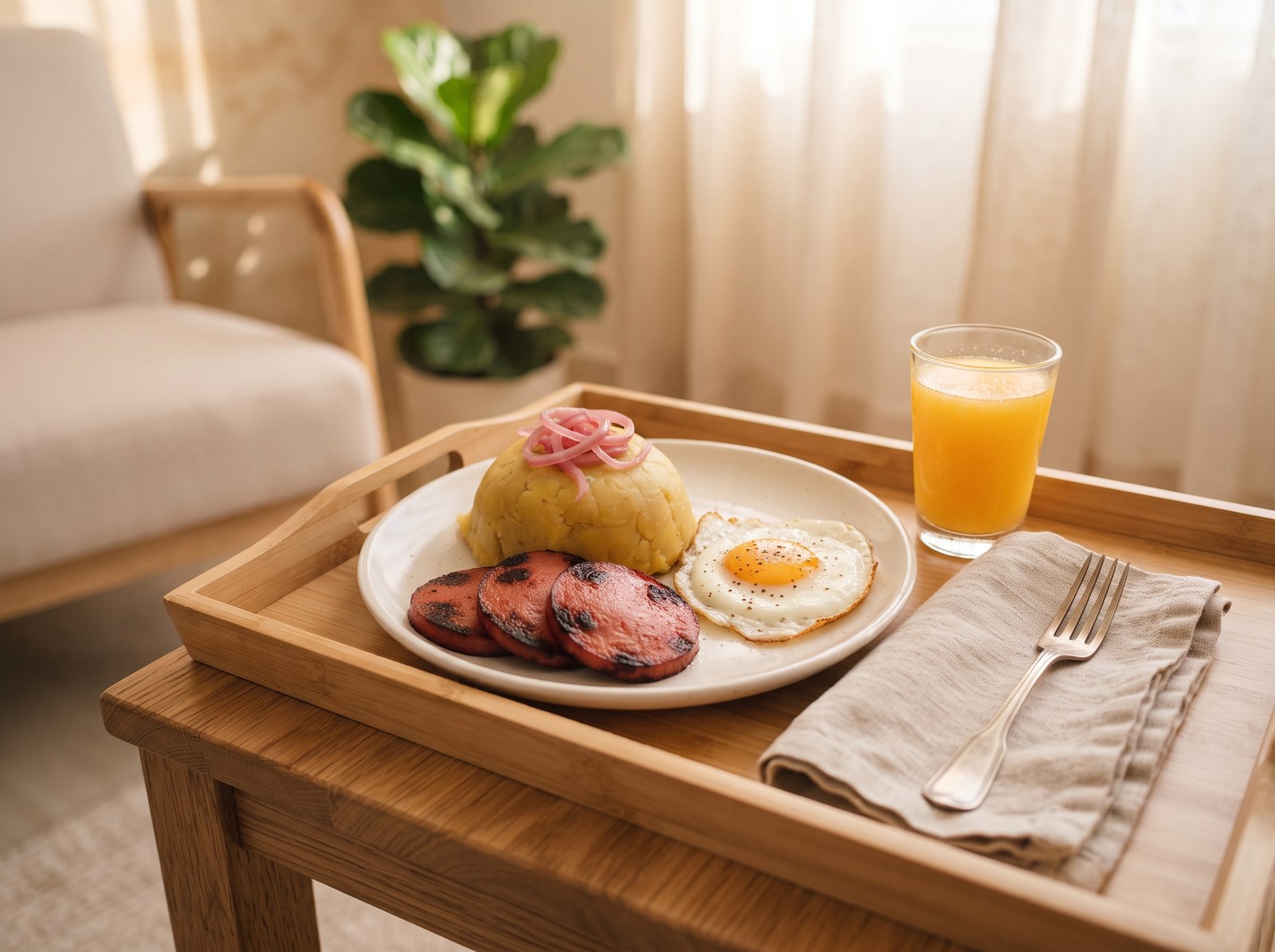 Desayuno dominicano servido en bandeja en el área de ingreso
